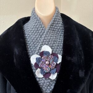 Artesian Embellished Knit Scarf Muffler Handmade Gray Purple Textured Designer